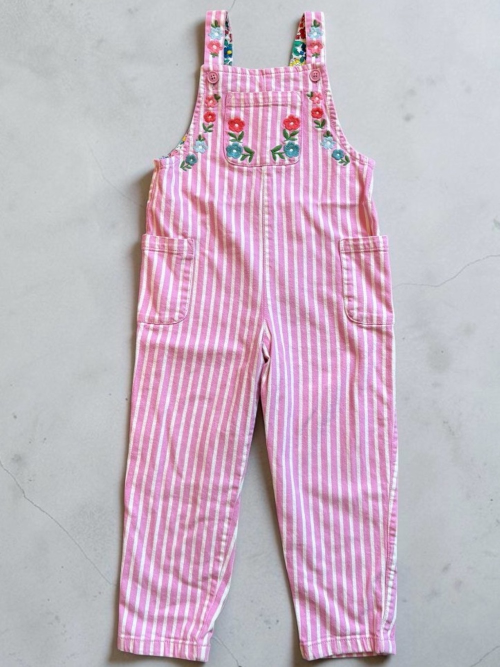 Mini Boden | Pink & White Striped Floral Embroidered |Overalls |3-4 years